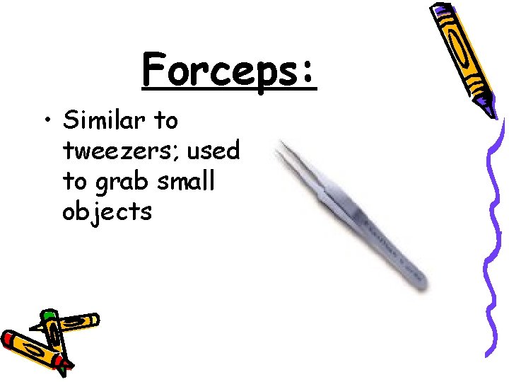 Forceps: • Similar to tweezers; used to grab small objects 