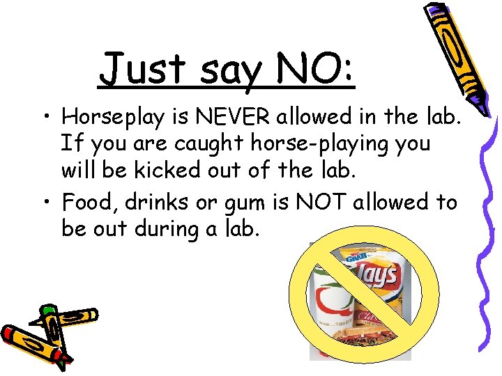 Just say NO: • Horseplay is NEVER allowed in the lab. If you are