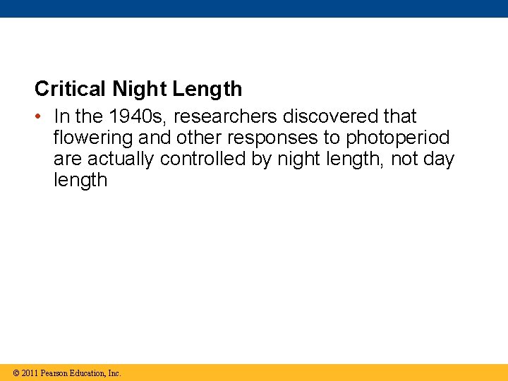 Critical Night Length • In the 1940 s, researchers discovered that flowering and other