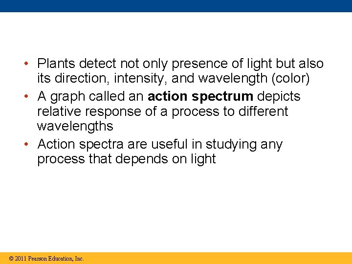  • Plants detect not only presence of light but also its direction, intensity,