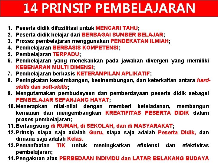 14 PRINSIP PEMBELAJARAN 1. 2. 3. 4. 5. 6. Peserta didik difasilitasi untuk MENCARI