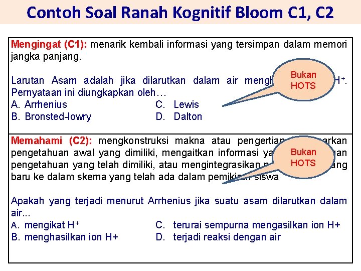 Contoh Soal Ranah Kognitif Bloom C 1, C 2 Mengingat (C 1): menarik kembali