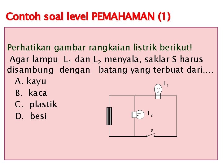 Contoh soal level PEMAHAMAN (1) Perhatikan gambar rangkaian listrik berikut! Agar lampu L 1
