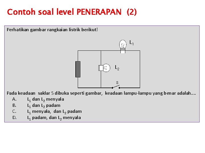 Contoh soal level PENERAPAN (2) Perhatikan gambar rangkaian listrik berikut! L 1 L 2