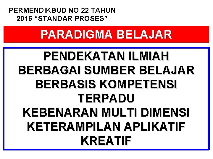 PERMENDIKBUD NO 22 TAHUN 2016 “STANDAR PROSES” PARADIGMA BELAJAR PENDEKATAN ILMIAH BERBAGAI SUMBER BELAJAR