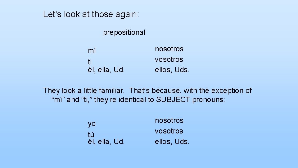 Let’s look at those again: prepositional mí ti él, ella, Ud. nosotros vosotros ellos,