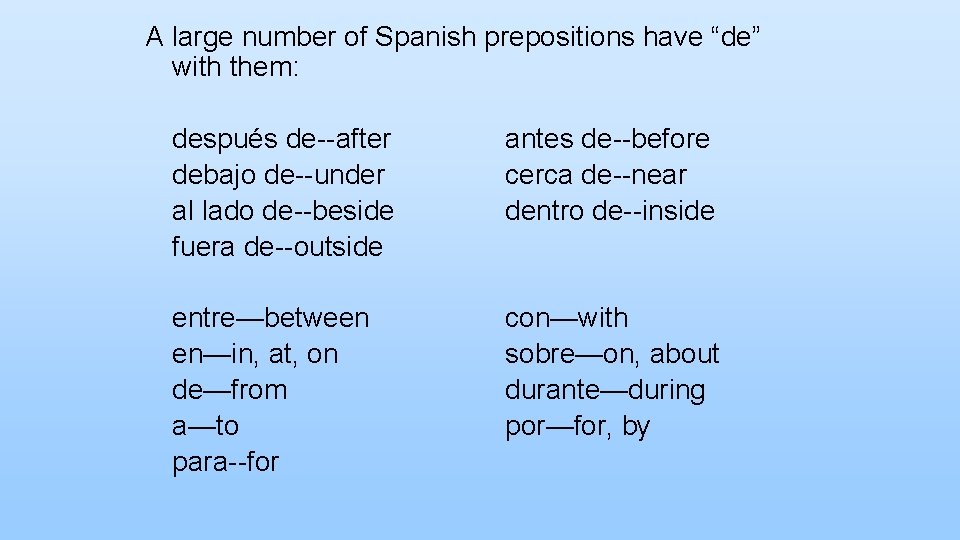 A large number of Spanish prepositions have “de” with them: después de--after debajo de--under