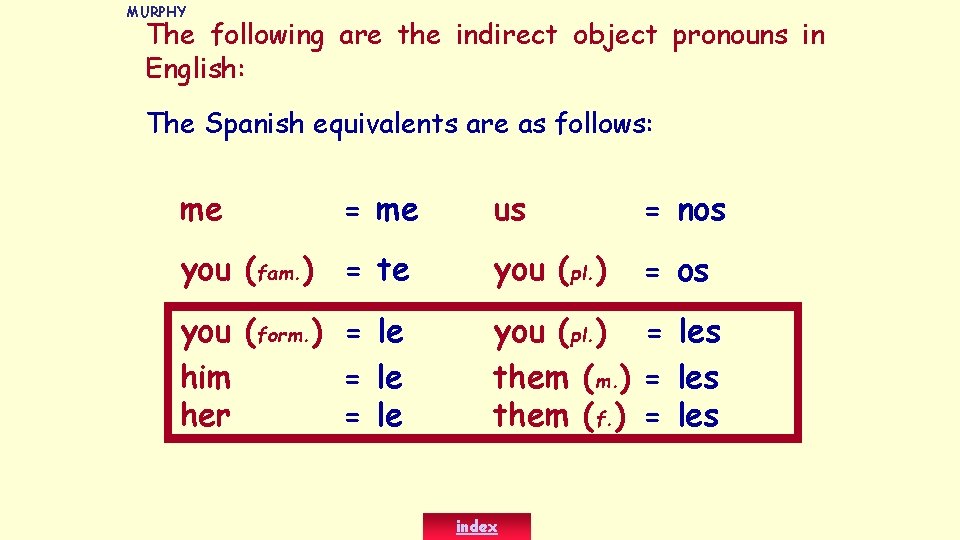 MURPHY The following are the indirect object pronouns in English: The Spanish equivalents are