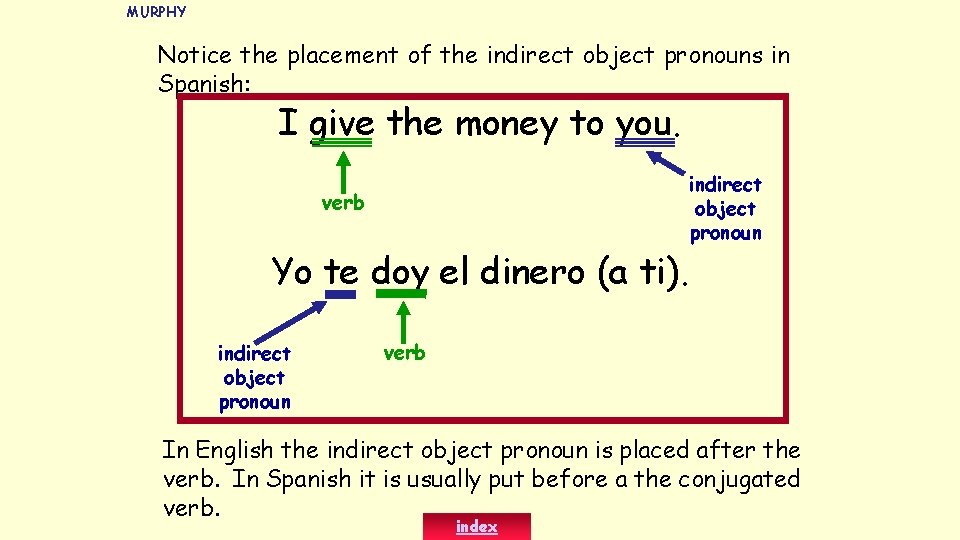 MURPHY Notice the placement of the indirect object pronouns in Spanish: I give the