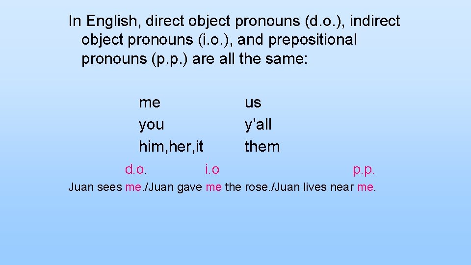 In English, direct object pronouns (d. o. ), indirect object pronouns (i. o. ),