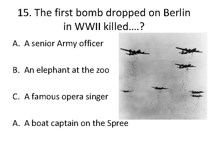 15. The first bomb dropped on Berlin in WWII killed…. ? A. A senior
