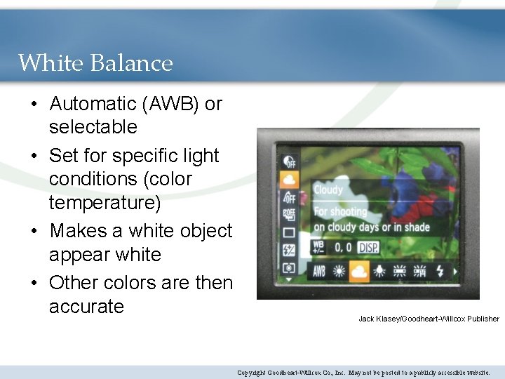 White Balance • Automatic (AWB) or selectable • Set for specific light conditions (color