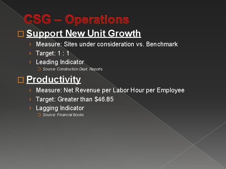 CSG – Operations � Support New Unit Growth › Measure: Sites under consideration vs.