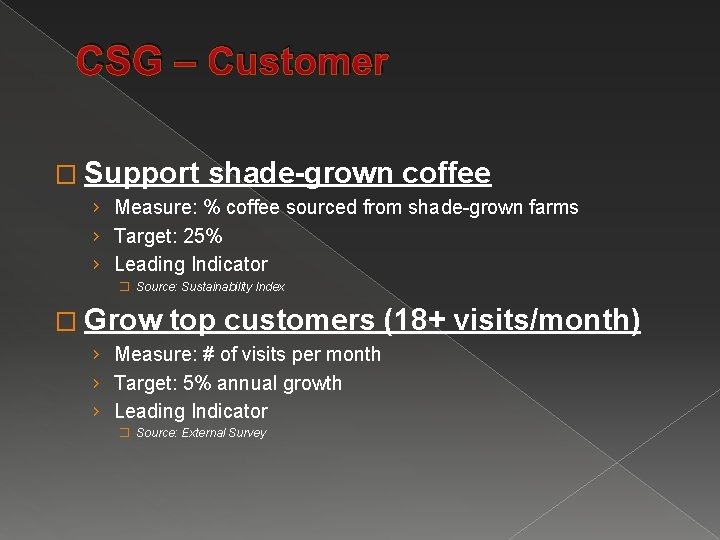 CSG – Customer � Support shade-grown coffee › Measure: % coffee sourced from shade-grown