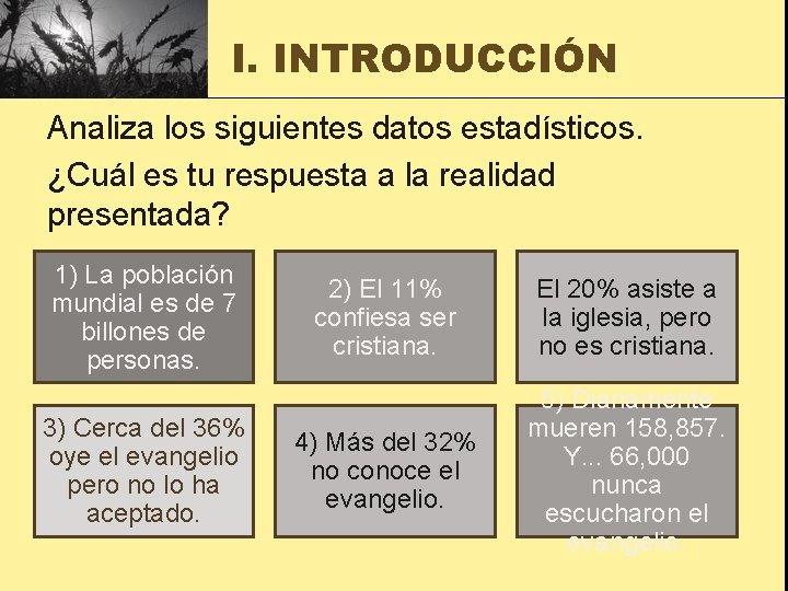 I. INTRODUCCIÓN Analiza los siguientes datos estadísticos. ¿Cuál es tu respuesta a la realidad