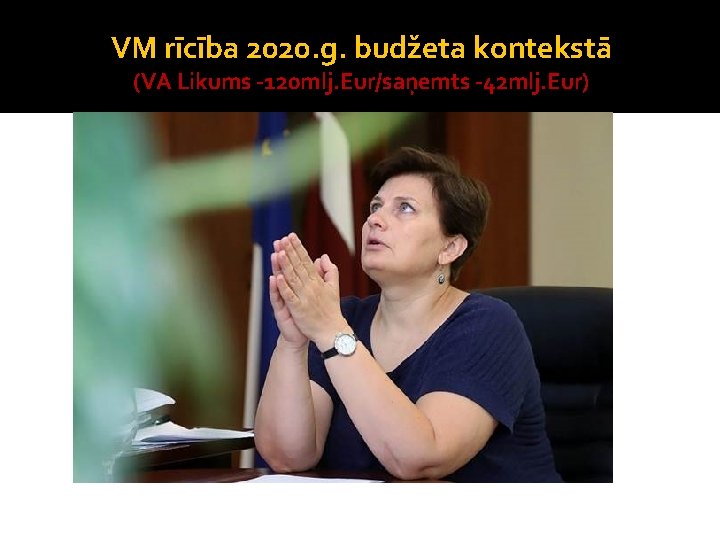 VM rīcība 2020. g. budžeta kontekstā (VA Likums -120 mlj. Eur/saņemts -42 mlj. Eur)