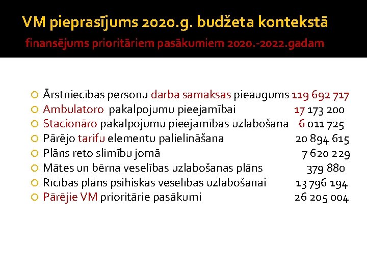 VM pieprasījums 2020. g. budžeta kontekstā finansējums prioritāriem pasākumiem 2020. -2022. gadam Ārstniecības personu