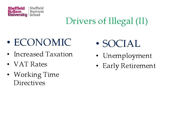 Drivers of Illegal (II) • ECONOMIC • Increased Taxation • VAT Rates • Working