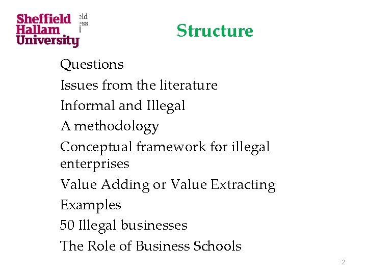 Structure Questions Issues from the literature Informal and Illegal A methodology Conceptual framework for
