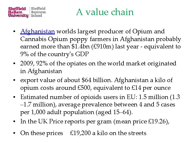 A value chain • Afghanistan worlds largest producer of Opium and Cannabis Opium poppy