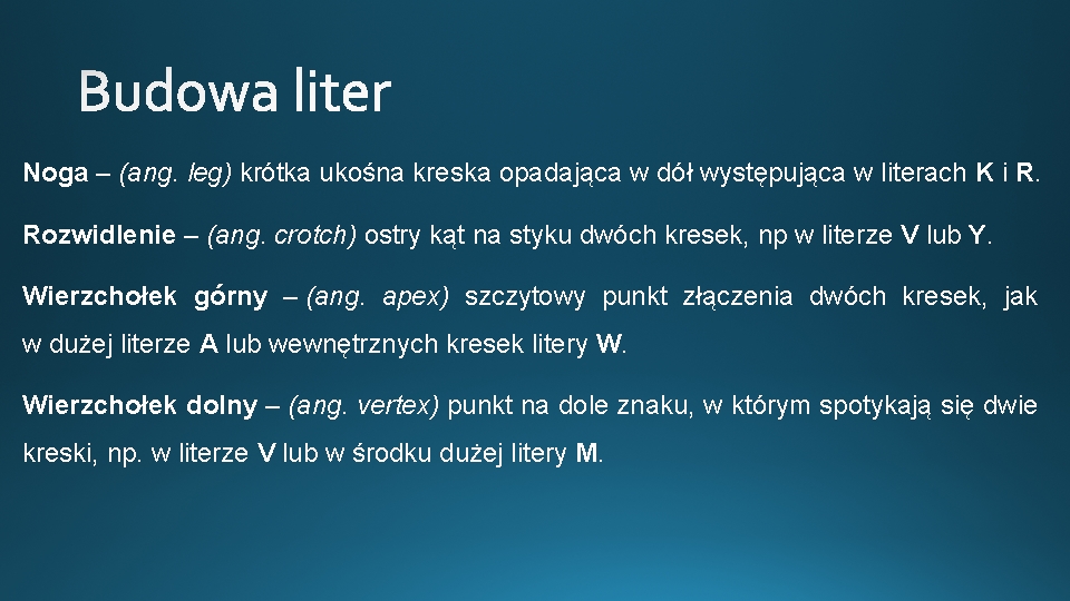 Noga – (ang. leg) krótka ukośna kreska opadająca w dół występująca w literach K