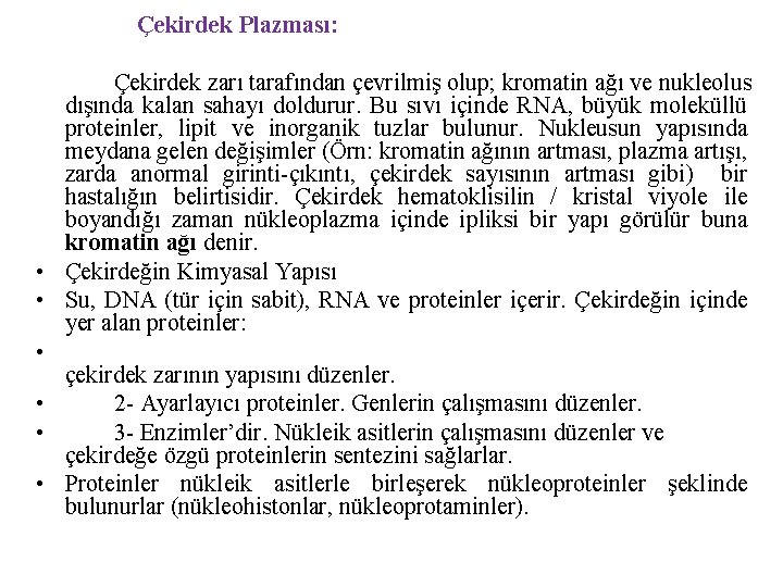 Çekirdek Plazması: Çekirdek zarı tarafından çevrilmiş olup; kromatin ağı ve nukleolus dışında kalan sahayı