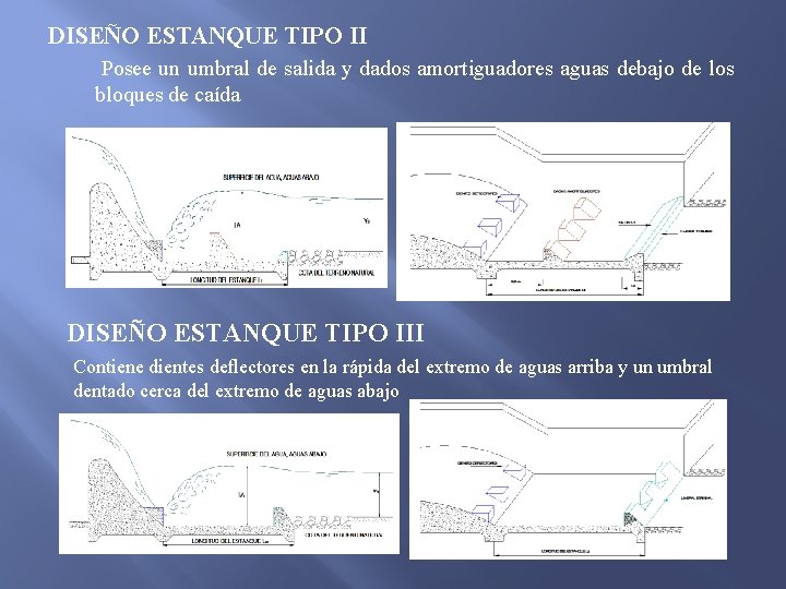 DISEÑO ESTANQUE TIPO II Posee un umbral de salida y dados amortiguadores aguas debajo