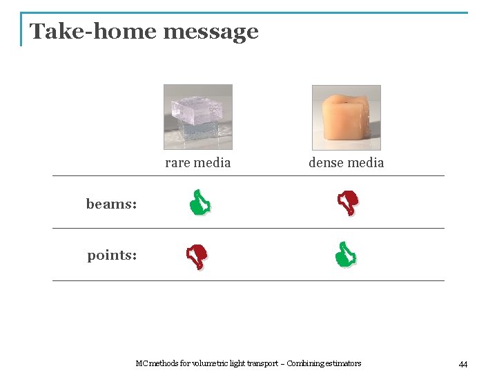 Take-home message beams: points: rare media dense media MC methods for volumetric light transport