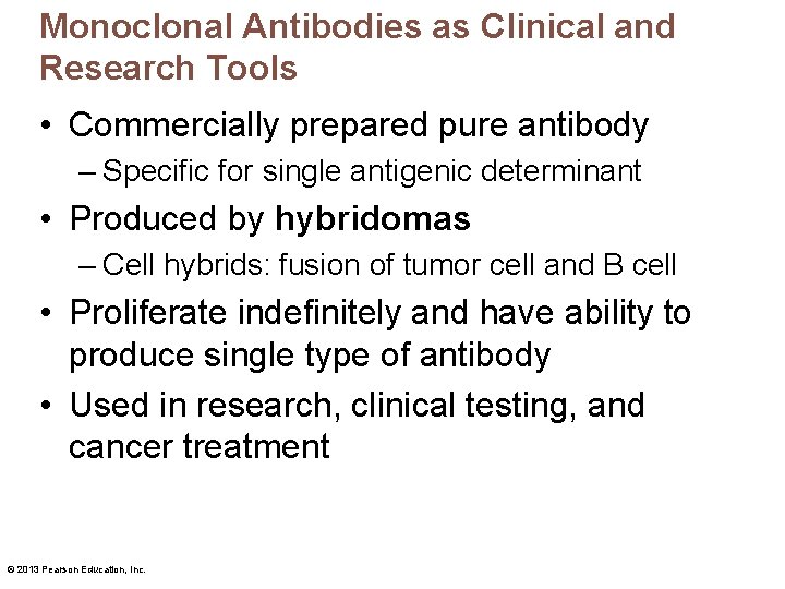 Monoclonal Antibodies as Clinical and Research Tools • Commercially prepared pure antibody – Specific