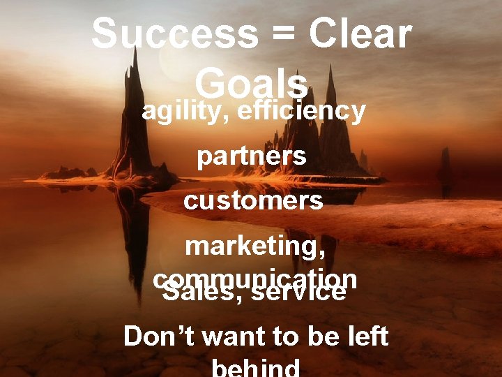 Success = Clear Goals agility, efficiency partners customers marketing, communication Sales, service Don’t want
