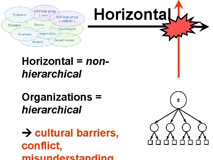Horizontal = nonhierarchical Organizations = hierarchical cultural barriers, conflict, 