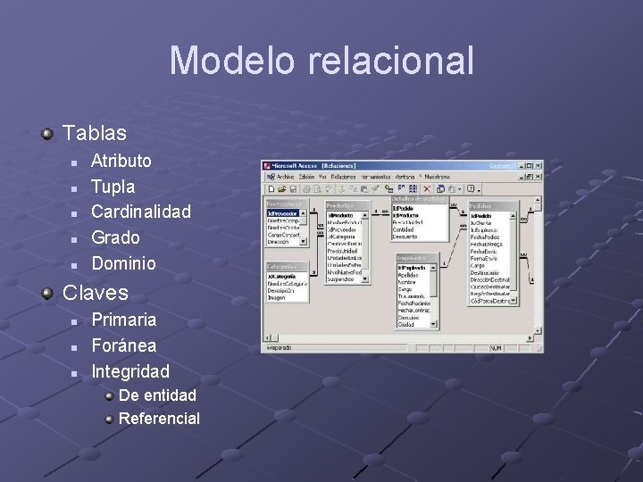 Modelo relacional Tablas n n n Atributo Tupla Cardinalidad Grado Dominio Claves n n