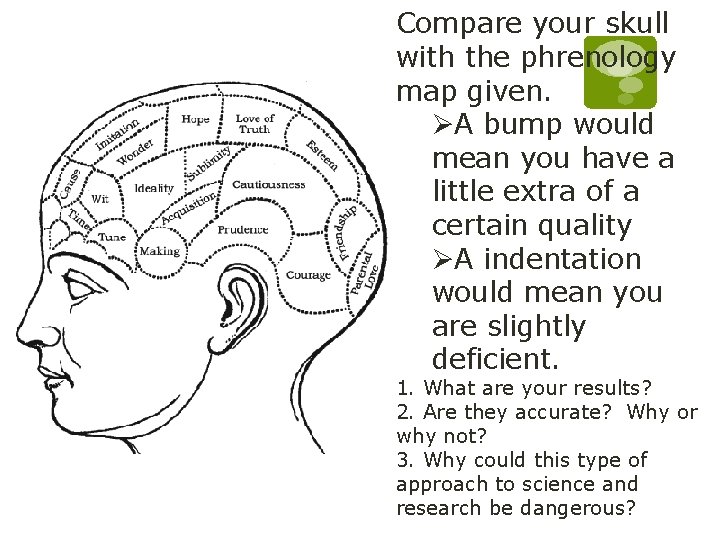 Compare your skull with the phrenology map given. ØA bump would mean you have