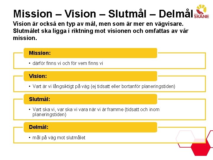 Mission – Vision – Slutmål – Delmål Vision är också en typ av mål,