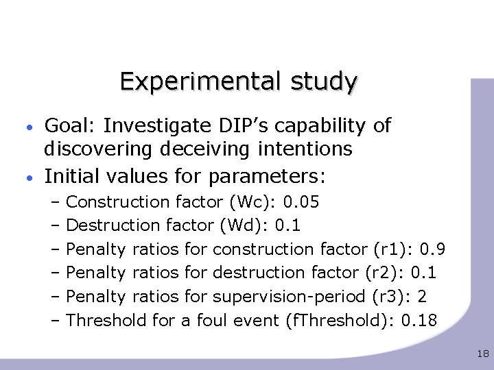Experimental study • • Goal: Investigate DIP’s capability of discovering deceiving intentions Initial values