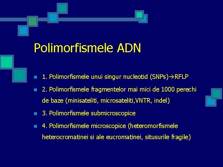 Polimorfismele ADN n 1. Polimorfismele unui singur nucleotid (SNPs) RFLP n 2. Polimorfismele fragmentelor