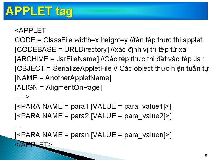 APPLET tag <APPLET CODE = Class. File width=x height=y //tên tệp thực thi applet