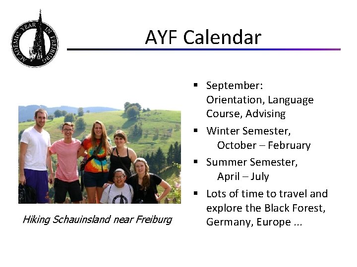 AYF Calendar Hiking Schauinsland near Freiburg § September: Orientation, Language Course, Advising § Winter