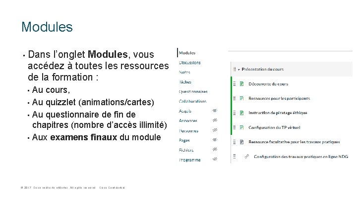 Modules • Dans l’onglet Modules, vous accédez à toutes les ressources de la formation