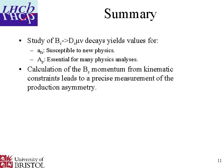 Summary • Study of Bs->Dsμν decays yields values for: – afs: Susceptible to new