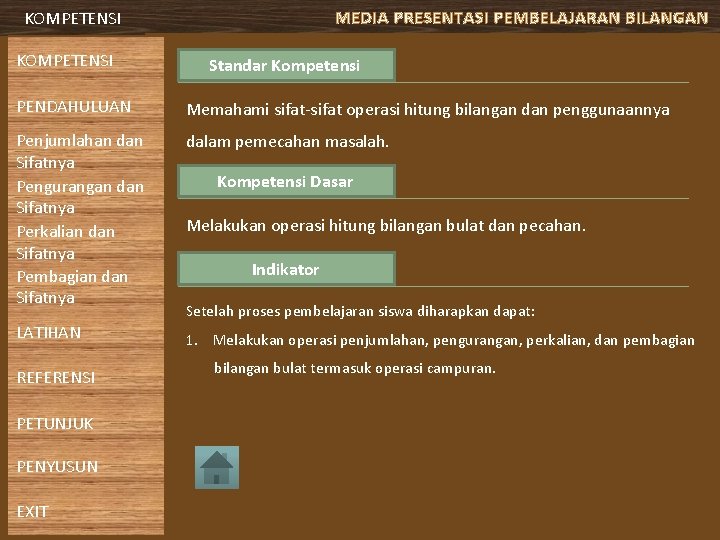 MEDIA PRESENTASI PEMBELAJARAN BILANGAN KOMPETENSI Standar Kompetensi PENDAHULUAN Memahami sifat-sifat operasi hitung bilangan dan