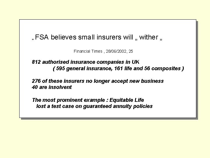 „ FSA believes small insurers will „ wither „ Financial Times , 28/06/2002, 25