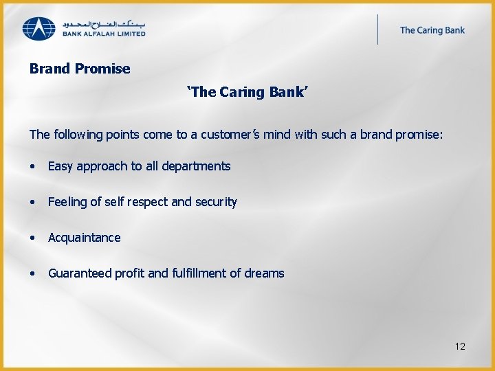 Brand Promise ‘The Caring Bank’ The following points come to a customer’s mind with