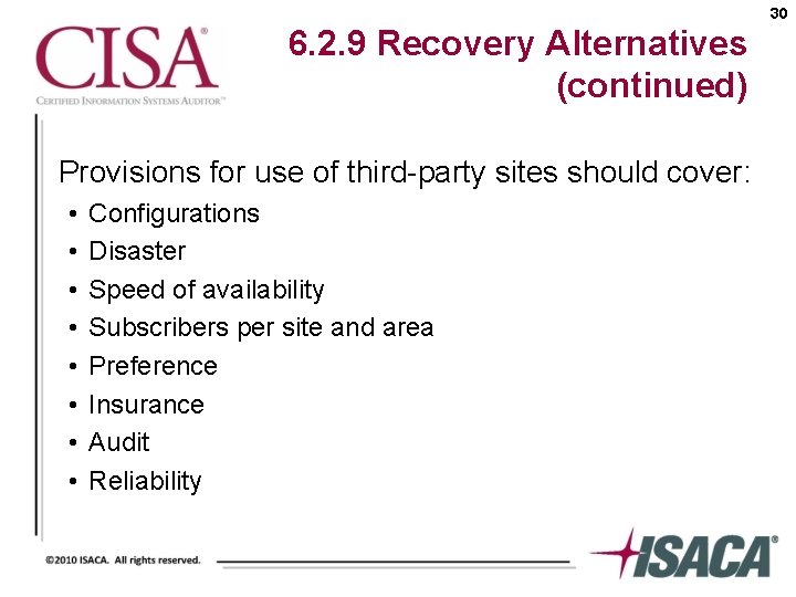 30 6. 2. 9 Recovery Alternatives (continued) Provisions for use of third-party sites should