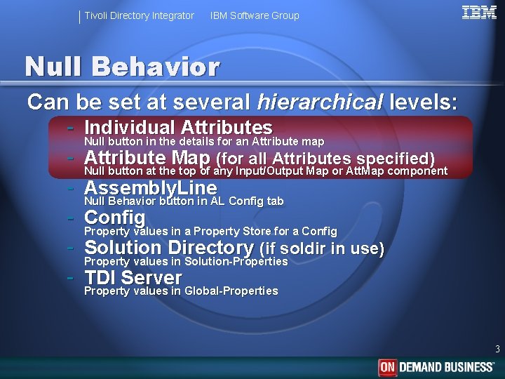 Tivoli Directory Integrator IBM Software Group Null Behavior Can be set at several hierarchical