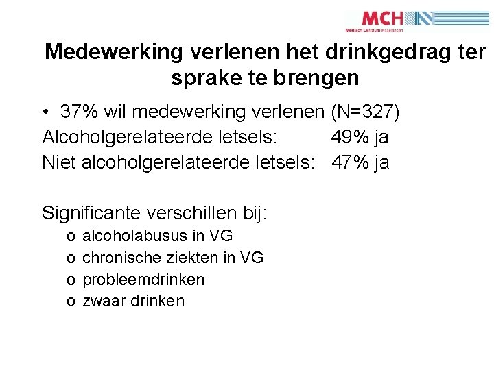 1 1 Medewerking verlenen het drinkgedrag ter sprake te brengen • 37% wil medewerking