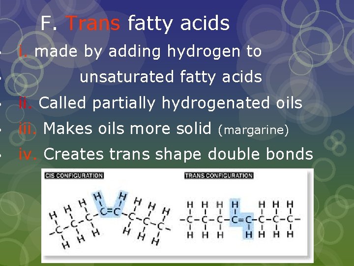 F. Trans fatty acids i. made by adding hydrogen to unsaturated fatty acids ii.