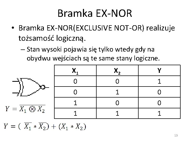 Bramka EX-NOR • Bramka EX-NOR(EXCLUSIVE NOT-OR) realizuje tożsamość logiczną. – Stan wysoki pojawia się