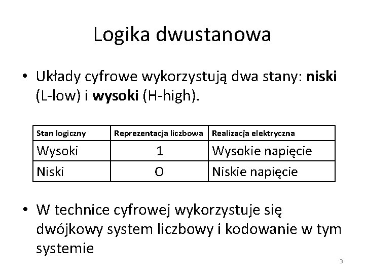 Logika dwustanowa • Układy cyfrowe wykorzystują dwa stany: niski (L-low) i wysoki (H-high). Stan