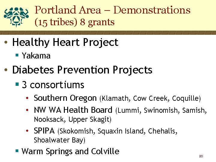 Portland Area – Demonstrations (15 tribes) 8 grants • Healthy Heart Project § Yakama